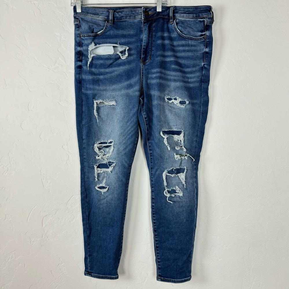 AE American Eagle Jeans Denim Hi Rise Jegging Solid Blue Dark Wash Ripped Cotton